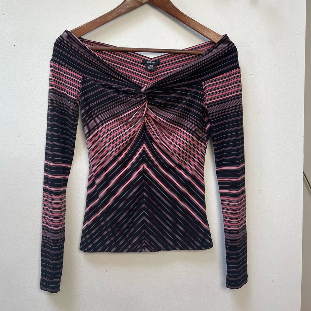 VINTAGE Guess Pink & Black Striped Twist-Front Long-Sleeve